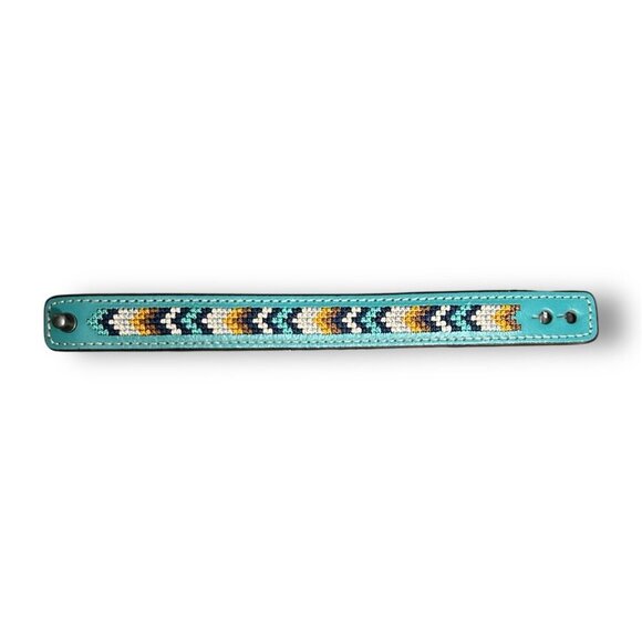 Justin Genuine Leather Cuff Bracelet Turquoise Multicolor Embroidered Aztec West - Picture 2 of 5
